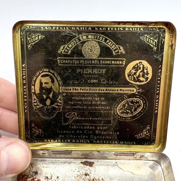 Vintage Brasil Dannemann Pierrot Speciale Cigar Tin Box Black Gold Rusted Patina - Picture 2 of 6